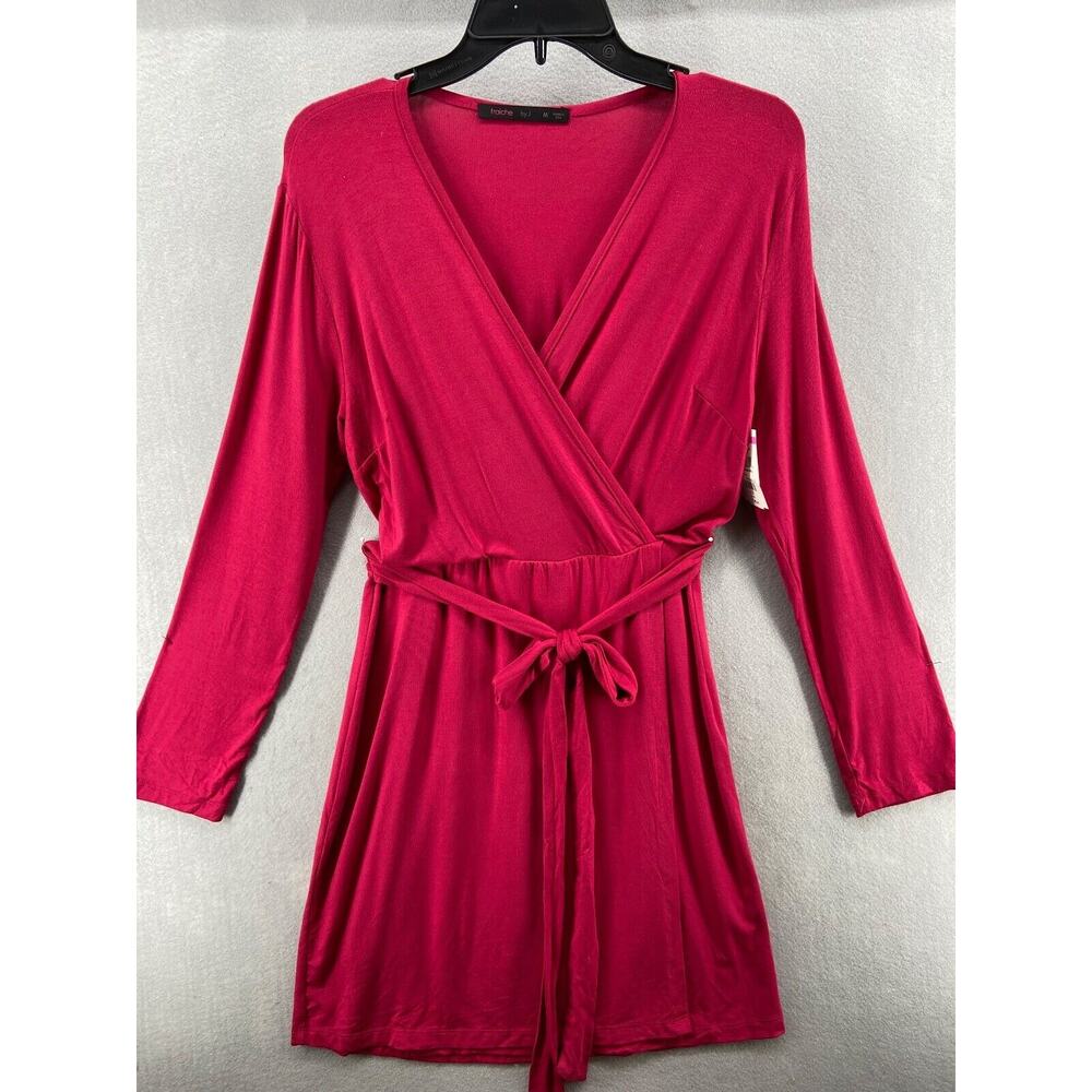 Fraiche By J Dress Women's Medium Red Faux-Wrap Long Sleeve Stretch Knit Belted